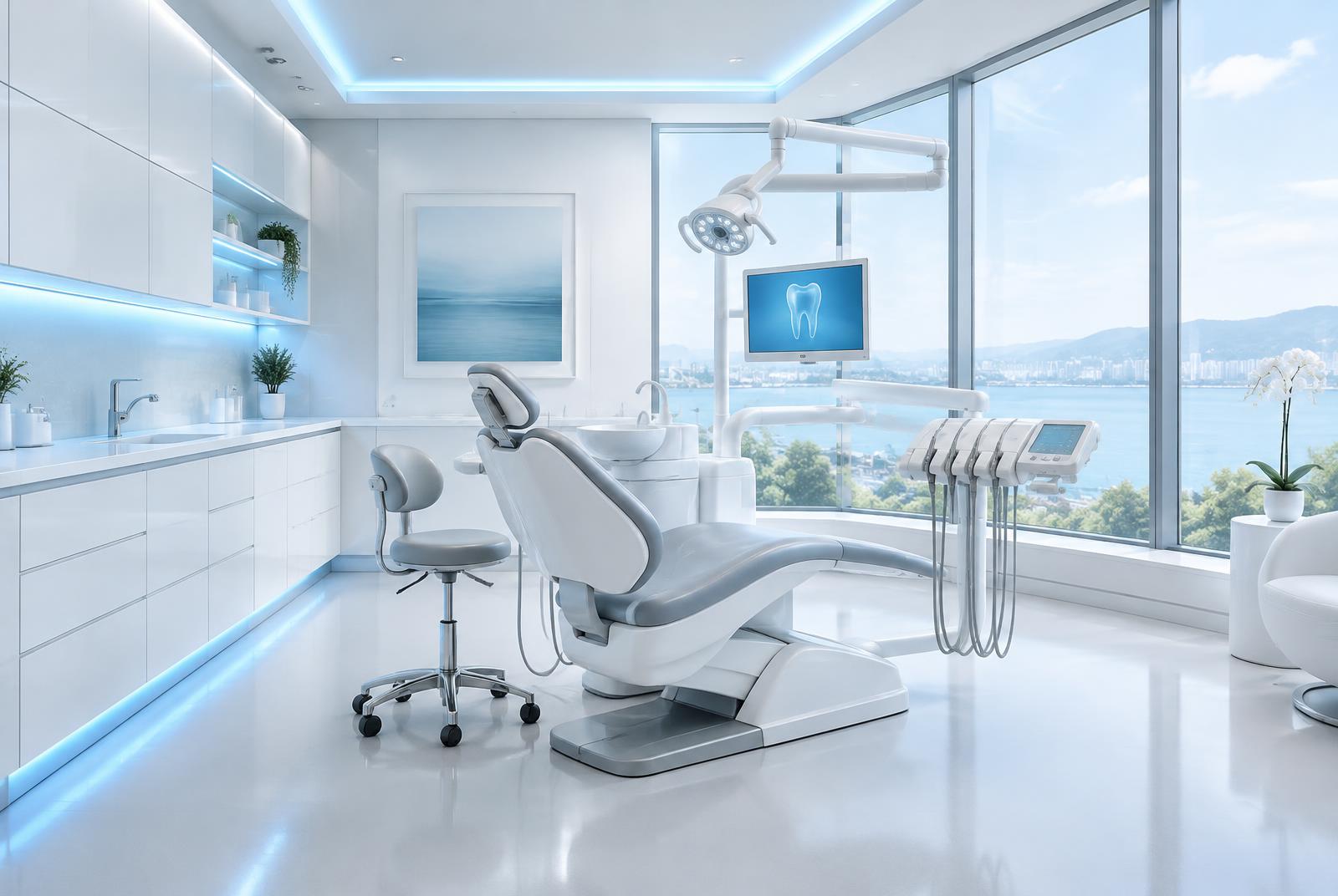 A bright, modern dental clinic interior in clean white and soft blue tones